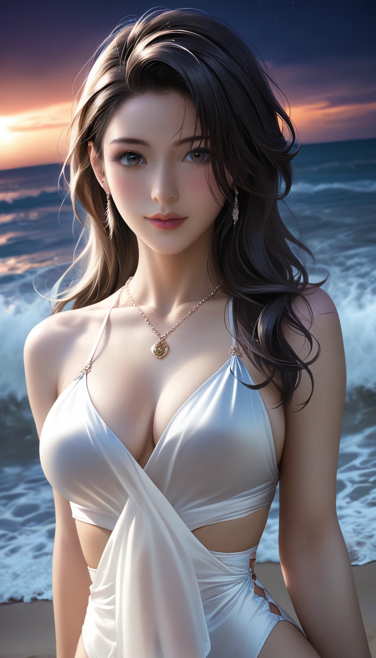 score_9, score_8_superior, score_7_superior, Masterpieces with up to 16K resolution,Highest quality,it is really amazing,Very detailed,Ultra-high resolution,(Ultra-realistic:1.1),(Realistic:1.1),Increased depth of field,Cinematic lighting,
Elegant Japanese MILF,
Long black hair,Ultra-detailed and beautiful faces,Translucent white skin,Very detailedな肌,
(Elegant white swimsuit:1.1),
Bold design,Artistic design,Beautiful and detailed pattern,Detailed fabric texture,
Gorgeous necklace,Earrings,
(Bali Beach:1.1),(Dark beach at night:1.1),(Deserted beach:1.1),(A pitch black night sky with dark clouds:1.1),
(Cinematic Angle:1.1),