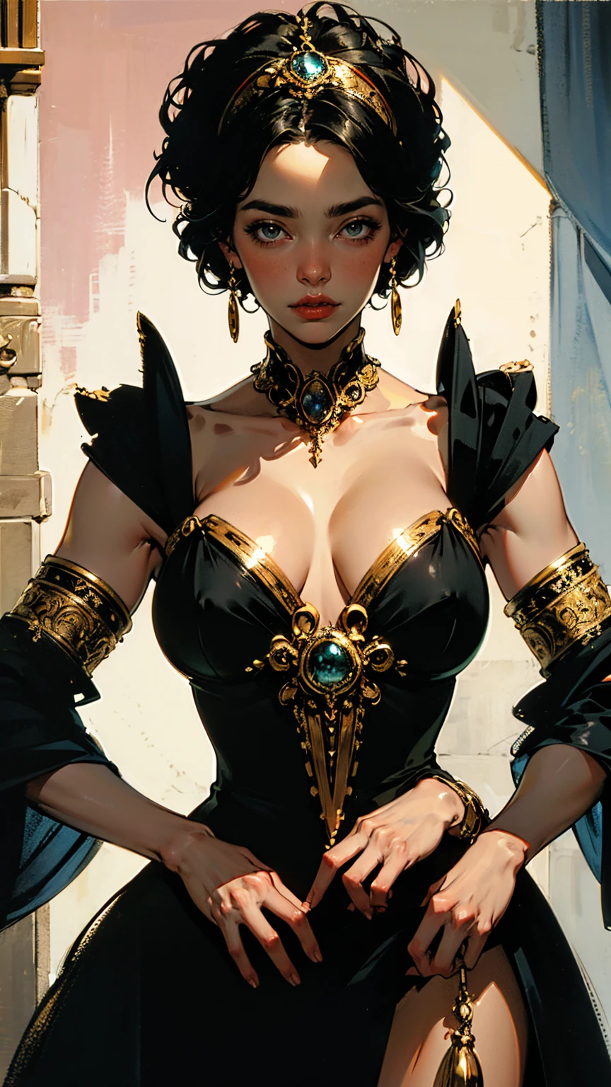 Digital illustration, Lady Jessica from the novel Dune by Frank Herbert, depicted in an elegant yet powerful stance, Art Styles: High Fantasy meets Science Fiction, Art Inspirations: ArtStation, by oprisco, Camera: 35mm, Shot: close-up, Render Related Information: 4K resolution, highly detailed, HDR lighting, (bene gesserit grace:1.25), (intricate details:1.14), (fabric textures:1.2), (golden ratio:1.1)