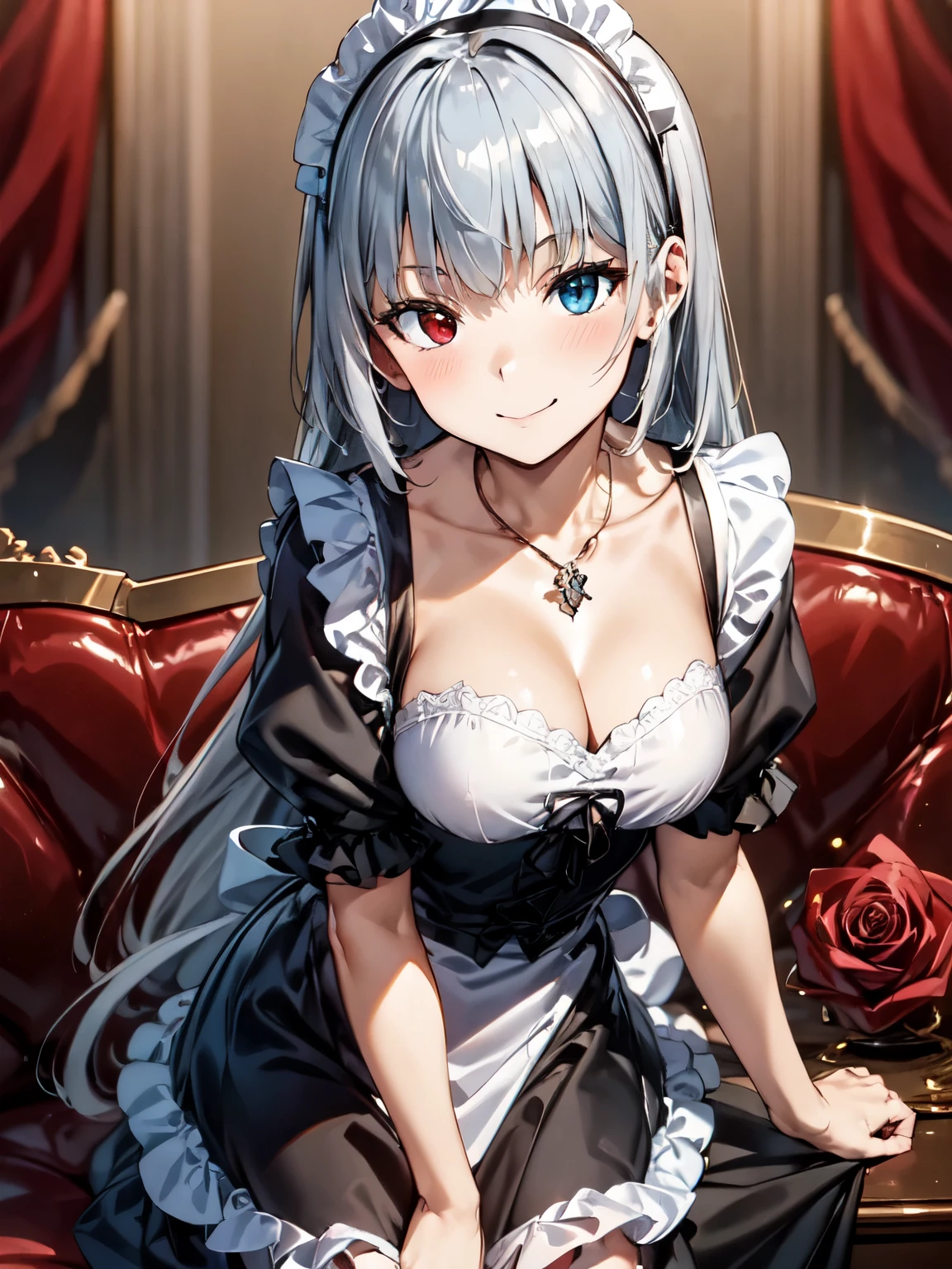 Highest quality、High resolution、Luminous、Standing、White collar、Wearing a maid outfit, Highly detailed face、smile、Silver Hair、Long Hair、Long Hair、Closed Mouth、Luminous Valentine、 (blue eyes:1.2), Heterochromia iridis, (Red eyes:1.3)、(background_Crystal Rose:1.5), Amazing photo, Dramatic lighting, Absolute reference to the center、4Ｋ，8Ｋ,(Genuine、Genuine志向、写真Genuine志向：1.5）、High resolution、超High resolution、ultra high definition paintings、whole body、(Crystal Rose:1.5)、Glass roses、Cowboy Shot、Victorian maid clothes、Long skirt、Leaning forward