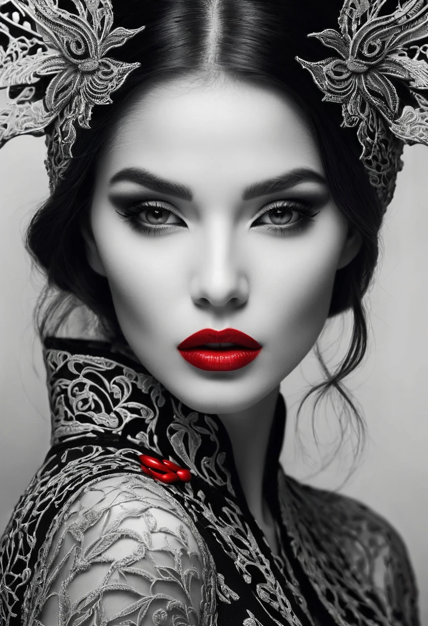 Insane beautiful face of a woman in black and white colors and red lips, intricately detailed, sharp focused, romantic, sensual atmosphere.
