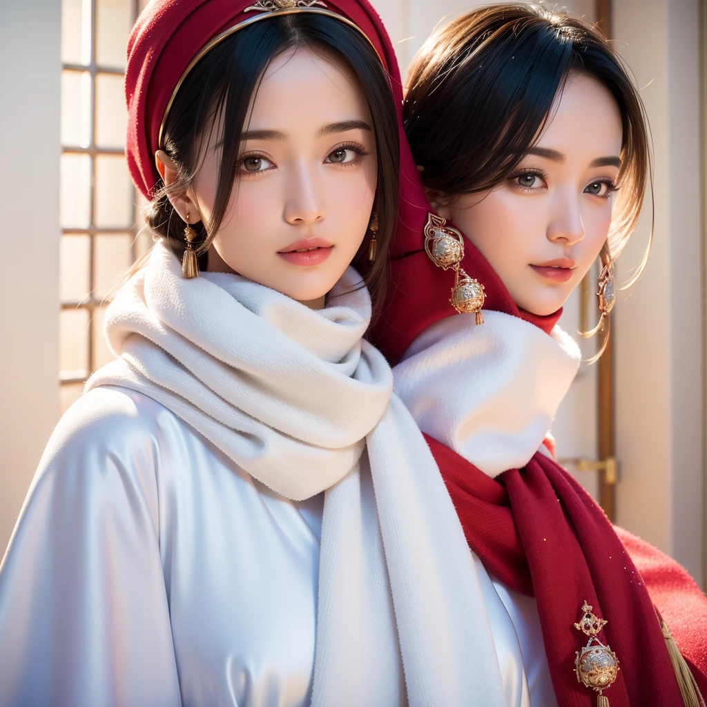 arafed woman in a white and gold dress and a red scarf, beautiful oriental woman, white hijab, wonderful, wearing a luxurious silk cloak, portrait shot, traditional beauty, captured on canon eos r 6, arabian beauty, beautiful arab woman, gorgeous lady, dilraba dilmurat, flowing golden scarf, hijab, ao dai, beautiful asian girl, fanart
