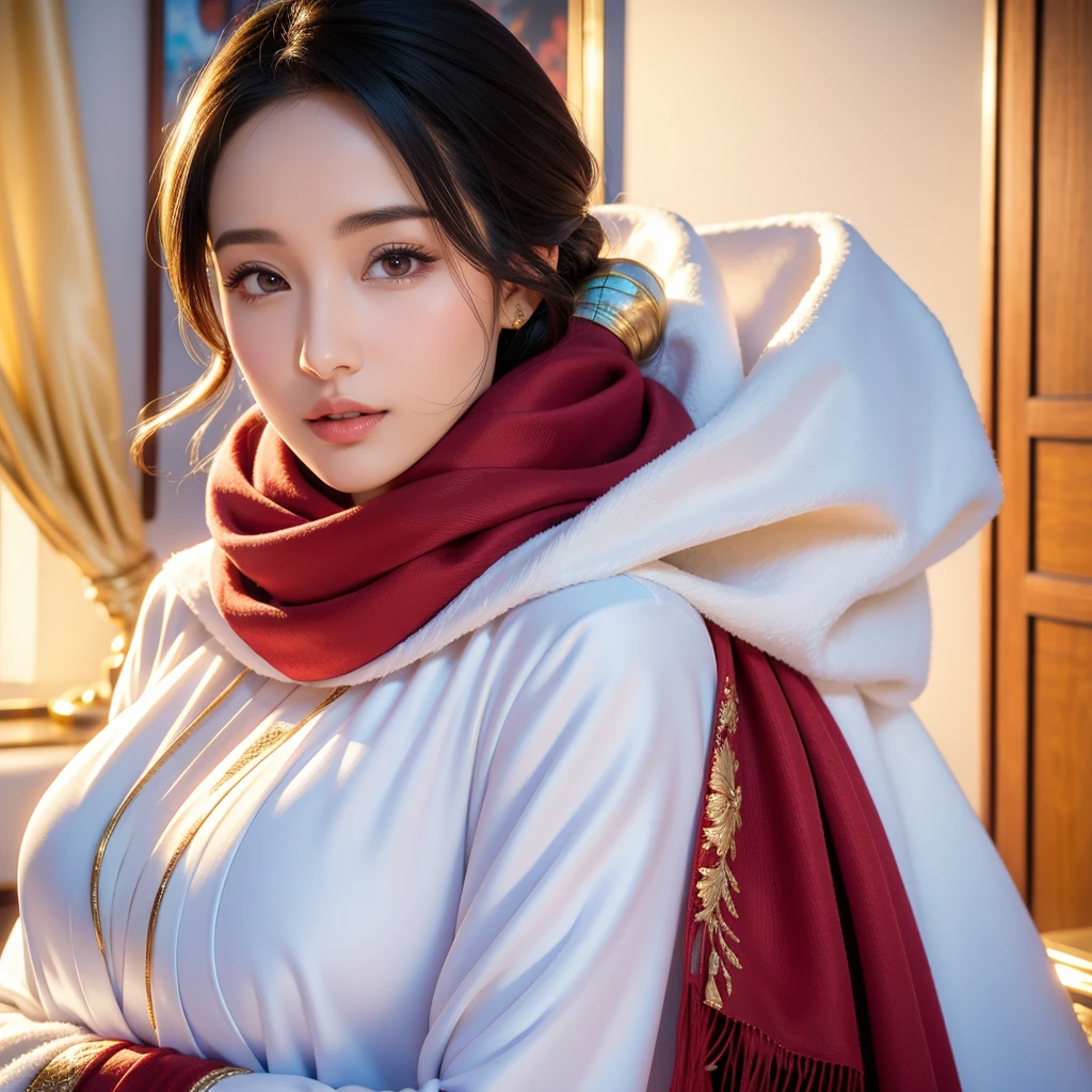 arafed woman in a white and gold dress and a red scarf, beautiful oriental woman, white hijab, wonderful, wearing a luxurious silk cloak, portrait shot, traditional beauty, captured on canon eos r 6, arabian beauty, beautiful arab woman, gorgeous lady, dilraba dilmurat, flowing golden scarf, hijab, ao dai, beautiful asian girl, fanart