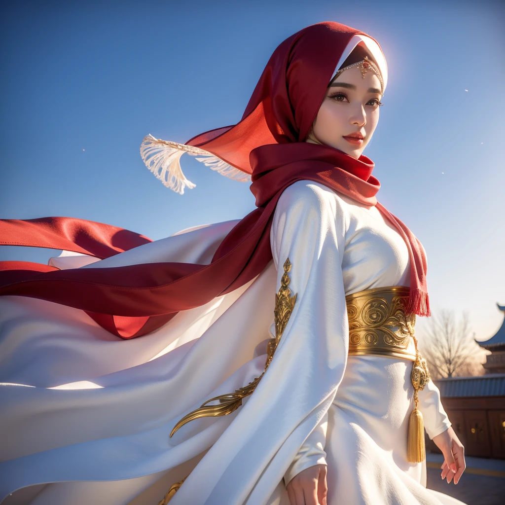 arafed woman in a white and gold dress and a red scarf, beautiful oriental woman, white hijab, wonderful, wearing a luxurious silk cloak, portrait shot, traditional beauty, captured on canon eos r 6, arabian beauty, beautiful arab woman, gorgeous lady, dilraba dilmurat, flowing golden scarf, hijab, ao dai, beautiful asian girl, fanart
