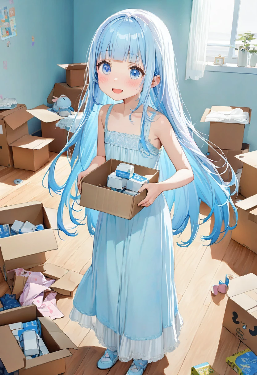 masterpiece, best quality, extremely detailed, (illustration, official art:1.1), 1 girl ,(((( light blue long hair)))), ,(((( light blue long hair)))),light blue hair, , long hair ((blush)) , cute face, masterpiece, best quality,(((((a very delicate and beautiful girl))))),Amazing,beautiful detailed eyes,blunt bangs((((little delicate girl)))),(((tareme))),droopy eyes.(true beautiful:1.2), sense of depth,dynamic angle,,,, affectionate smile, (true beautiful:1.2),,(tiny 1girl model:1.2),)(flat chest),bend at the waist、Movers、Trying to lift a cardboard box off the floor、Pink haired woman、blue eyes,moving,room,tidying up,cardboard, As (she carries the carton 3 box:1.3), she looks excited about living in her new room.
