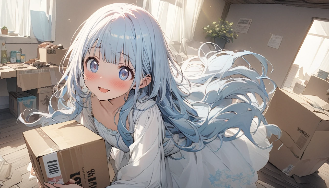 masterpiece, best quality, extremely detailed, (illustration, official art:1.1), 1 girl ,(((( light blue long hair)))), ,(((( light blue long hair)))),light blue hair, , long hair ((blush)) , cute face, masterpiece, best quality,(((((a very delicate and beautiful girl))))),Amazing,beautiful detailed eyes,blunt bangs((((little delicate girl)))),(((tareme))),droopy eyes.(true beautiful:1.2), sense of depth,dynamic angle,,,, affectionate smile, (true beautiful:1.2),,(tiny 1girl model:1.2),)(flat chest),bend at the waist、Movers、Trying to lift a cardboard box off the floor、Pink haired woman、blue eyes,moving,room,tidying up,cardboard, As (she carries the carton 3 box:1.3), she looks excited about living in her new room.
