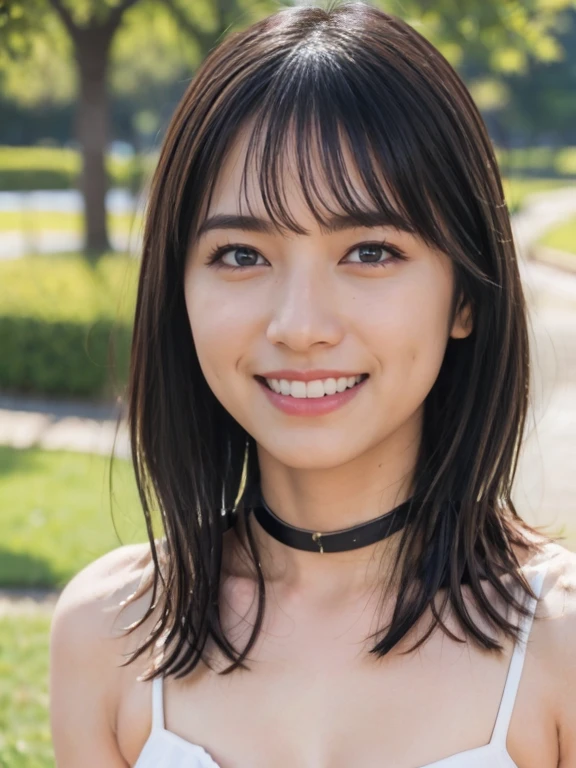 Highest quality, masterpiece, Ultra-high resolution, Realistic, 1 girl, Off the shoulder, knit, smile, smile, Slightly visible, Extra Large_sweater, Soft lighting, Detailed skin, bangs, Black Hair, Clear Eyes, Short Bob Hair, Transparency, Japan,  Beautiful woman, Upward glance, Lip gloss, Black Thick Choker, Tears, Mole on chest, Eye highlights