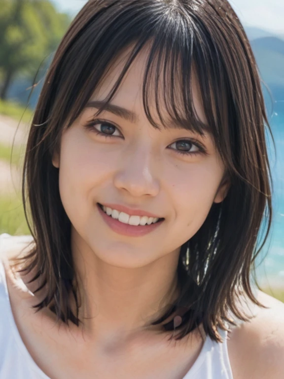 Highest quality, masterpiece, Ultra-high resolution, Realistic, 1 girl, Off the shoulder, knit, smile, smile, Slightly visible, Extra Large_sweater, Soft lighting, Detailed skin, bangs, Black Hair, Clear Eyes, Short Bob Hair, Transparency, Japan,  Beautiful woman, Upward glance, Lip gloss, Black Thick Choker, Tears, Mole on chest, Eye highlights