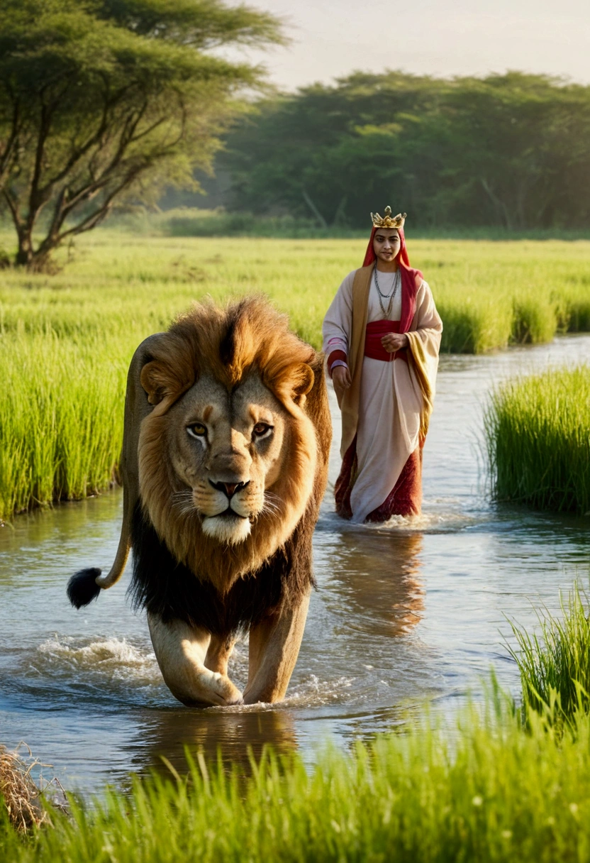 Bright morning and grass lands, with, the River running through the center of the grass land, the river the focus and zoomed in, men and woman in modest cloths in the river, with a large lion hovering over the men and woman wearing a crown