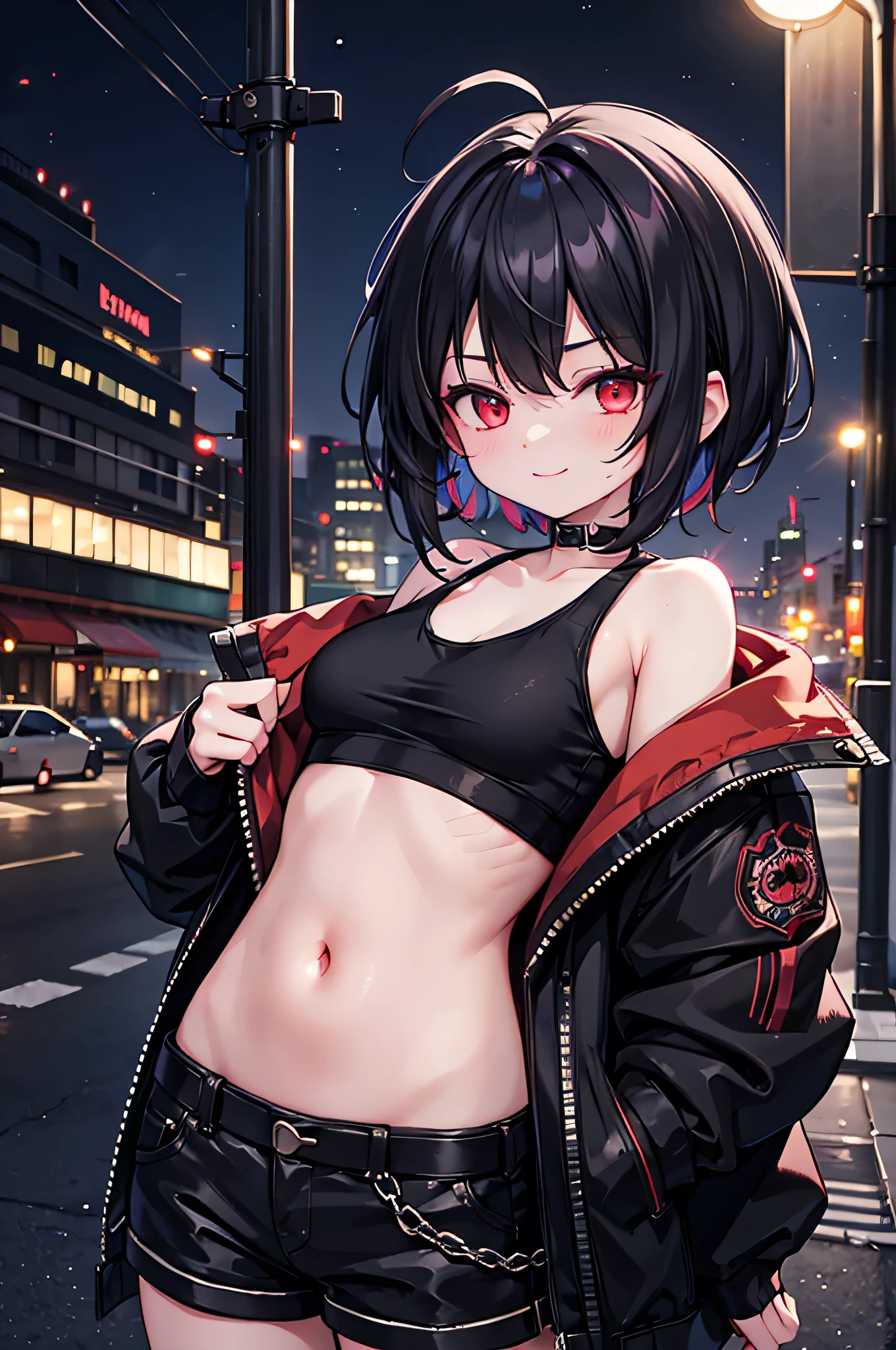 (masterpiece), cyber punk, city, night, Neon Light, city lights, One girl, Black Hair,White underwear with red pattern, short hair,Red Eye,hair ornaments,Around ,smile,He has taken off his jacket and is exposing his shoulders.