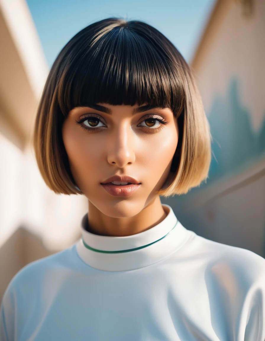 photograph, Foul Futuristic arabic Female Tanner, Visionary hair, Bowl cut hairstyle, near School, soft focus, from below, Ultrarealistic, Normcore Art, film grain, Nikon Z9, F/8, four colors, [art by Léon Bakst, (art by Jarek Kubicki:0.7) :3], 