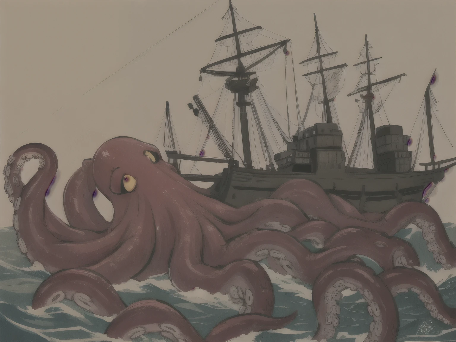 Octopus, kraken, thick tentacles, macro, masterpiece, best quality, red eyes, full body, vore, attacking ship