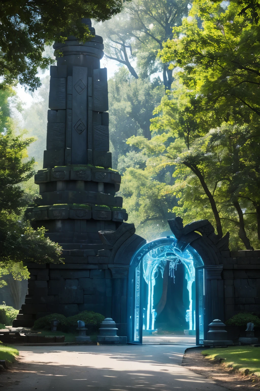 Near the fountain in the park with trees, mysterious temple setting, Odin's Stone Arena Background, Mythical cosmic temple, Entrance to the Aether Kingdom, Protoss Temple!!!, mythical temple, alien temple, A portal to the celestial world, Sylvan Glade, Portal to the Lost Flame World, Magical time portal, shining throne