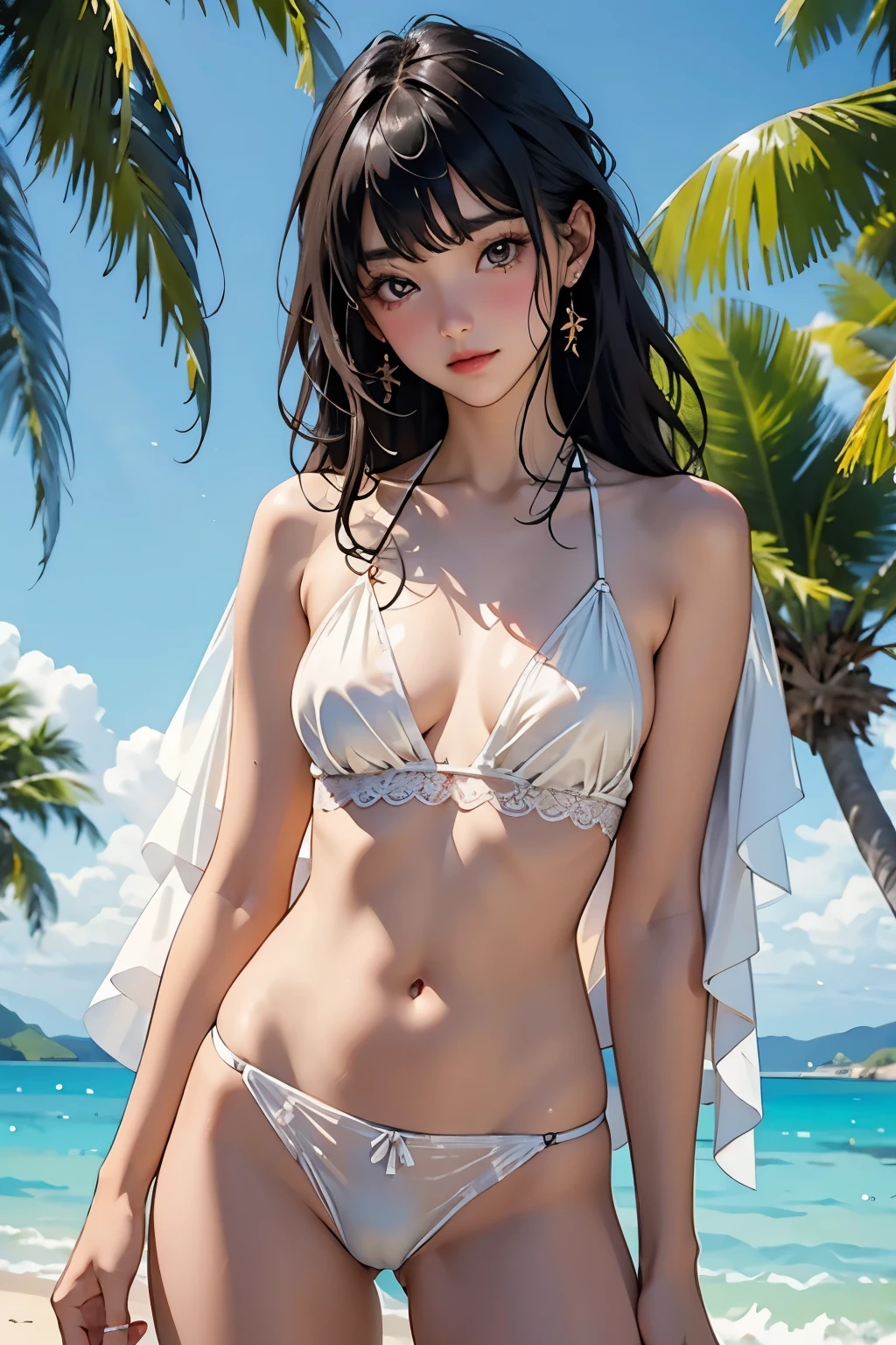 Very beautiful  girl, See through，Beautiful and fair、Glowing Skin, bright, Refreshing and gentle look, Perfect beautiful face、Beautiful shiny bangs, Small breasts，Lace Bikini，