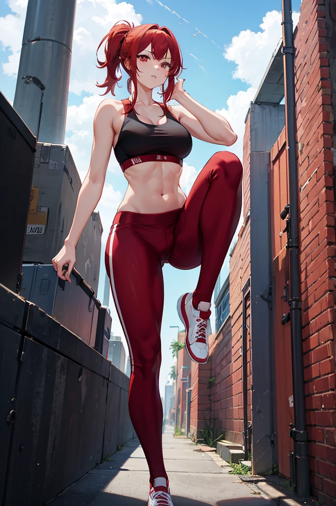 1woman, red hair, red eyes, tall, yoga pants, sports bra, standing on ground, high res, ultra sharp, 8K, masterpiece