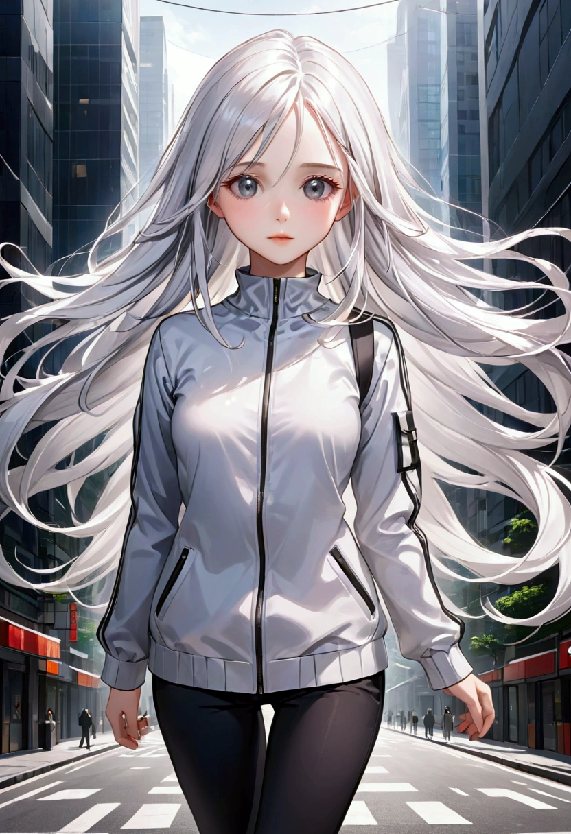 A girl with long smooth white hair,mature grey eyes,mature face, fair skin tone, average height,modern clothes, detailed eyes, detailed body, 8k highres best quality. 