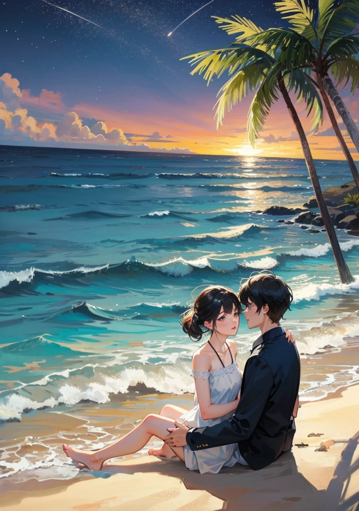 Couples photo in ocean beach with beautiful night