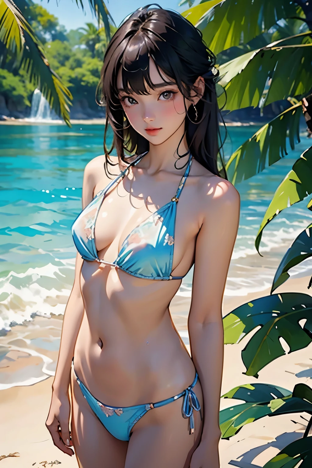 Very beautiful  girl, See through，Beautiful and fair、Glowing Skin, bright, Refreshing and gentle look, Perfect beautiful face、Beautiful shiny bangs, Small breasts，Lace Bikini，