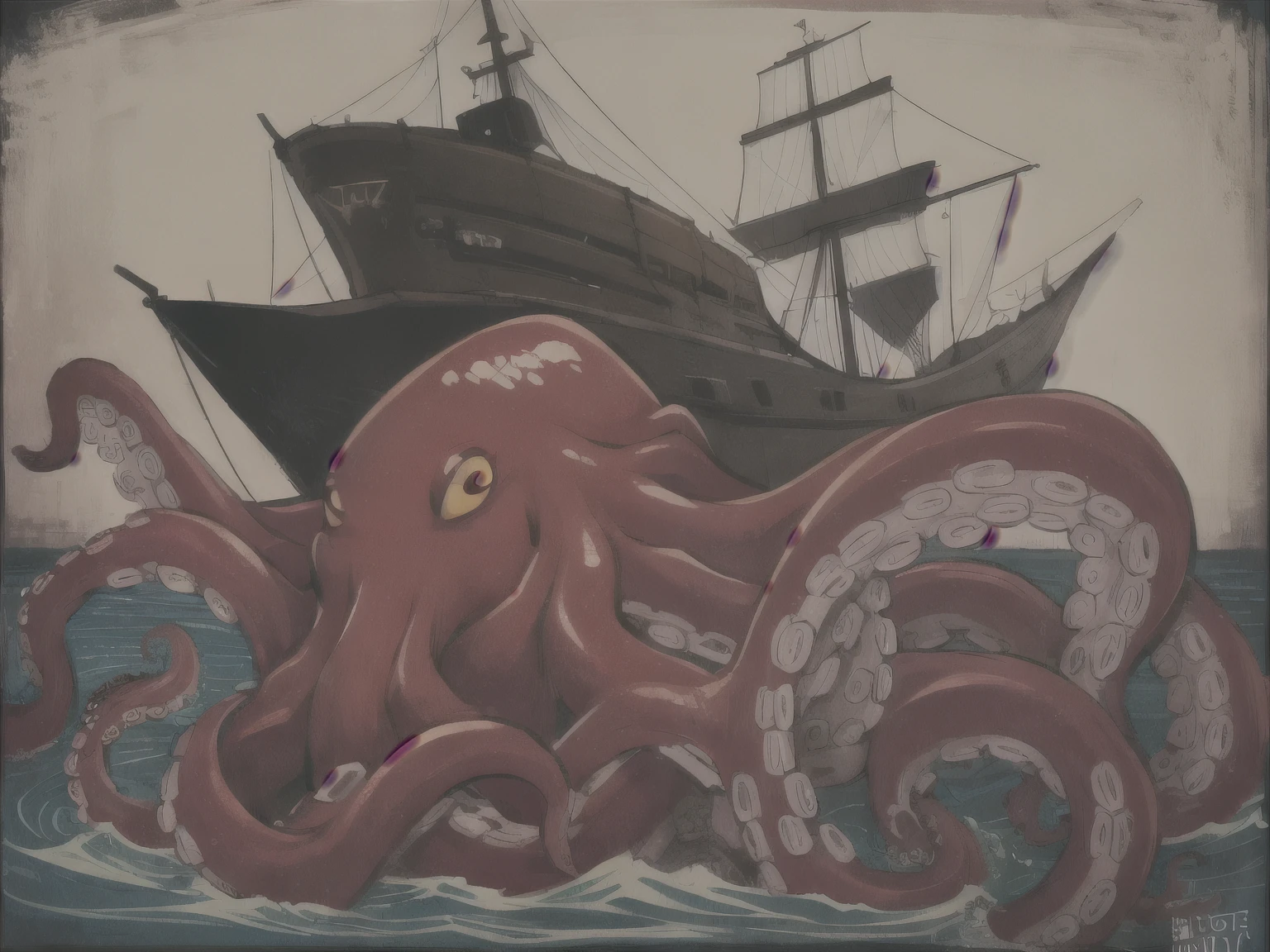 Octopus, kraken, thick tentacles, macro, masterpiece, best quality, red eyes, full body, vore, attacking ship