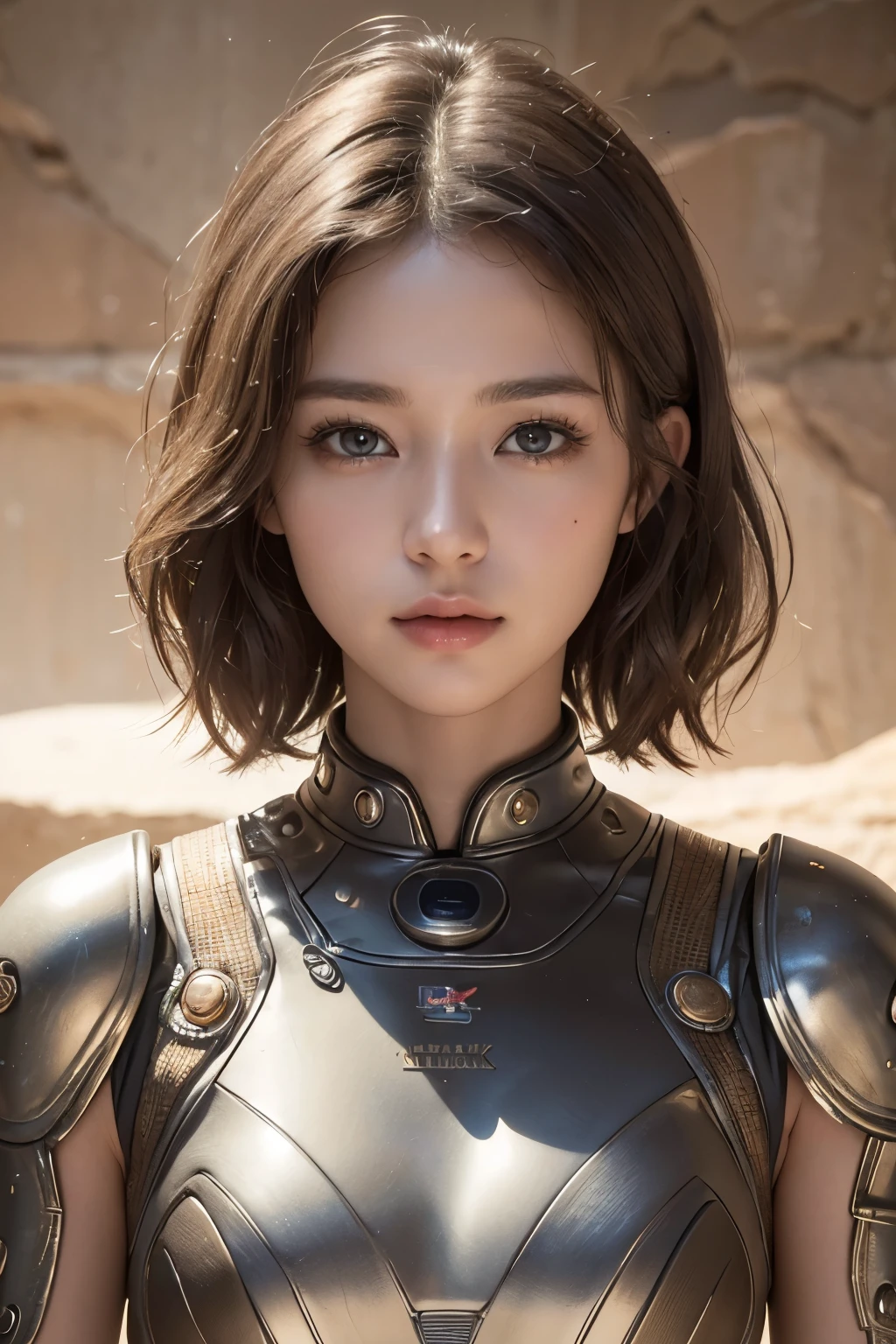 Ultra-high resolution、(masterpiece:1.3), (8k, Best image quality: 1.4)、 (Real:1.4)、One beautiful woman、Beautifully detailed eyes and skin、Micro Smile、Light brown short hair、Small Bust、Decorated Smart Space Suit、Wide desert、Intense sunlight、Stone ruins、