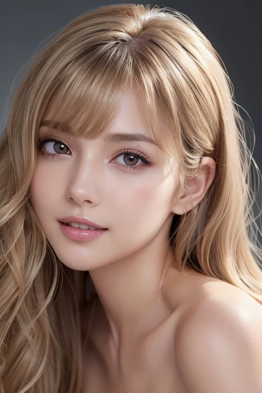 (masterpiece:1.3), High resolution, Super detailed, Highly detailed CG Unity 8k wallpaper, Realistic, photo-Realistic, RAW Photos, Beautifully detailed face, Pale skin, Realistic glistening skin, Detailed cloth texture, Detailed hair texture, Perfect body, Beautiful Face, Accurate, Anatomically correct, Highly detailed face and skin texture, Natural neck length, (Beautiful Hands), (Fair skin:1.1), (Good teeth alignment:1.1), (Sweaty skin:1.2),
break,
Detailed eyes, Symmetrical eyes, Light brown eyes, double eyelid, Thin eyebrows, (Glossy Lips:1.4), ((A face waiting for a kiss:1.2)), (blush:1.1), (Sparkly little hair accessories:1.1),
break,
(Elegant and cute woman 1.3), (nude, Browsing Caution, Nipples:1.4),
break,
Medium large breasts, Slim figure, Toned Abs,
((Random Hairstyles, Dark blonde hair, Wavy Hair, Long Hair, Asymmetrical bangs:1.2)), (Close-up shot:1.2), (View your viewers), (Beautiful smile:1.1), From above,
break,
Sitting on a white sofa
