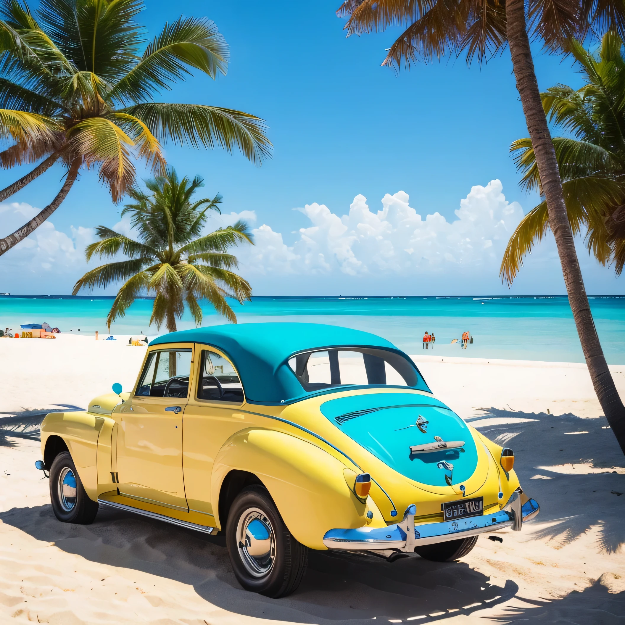 Summer Sea　sunny　blue sea　White sand beach　((Yellow)) vintage car　Palm tree