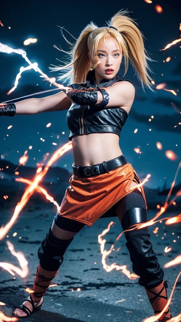 Moisturized skin, (gradient eyes), realistic body, (adult female body), energetic, (16 years old), (girl), crop top,
BREAK,
bright red lipstick, (beautiful navel), (golden hair), beautiful hair, (Naruto Uzumaki's clothes), (twintails), (leather), mini skirt,
BREAK,
((masterpiece + highest quality + high resolution + highly detailed)), (full body: 1.2), symmetrical, one shot,
BREAK,
(electric shock), (wind blows), (blue electricity), (battle stance: 1.4),
BREAK,
assassination, cut, kunai, fantastical, dynamic,