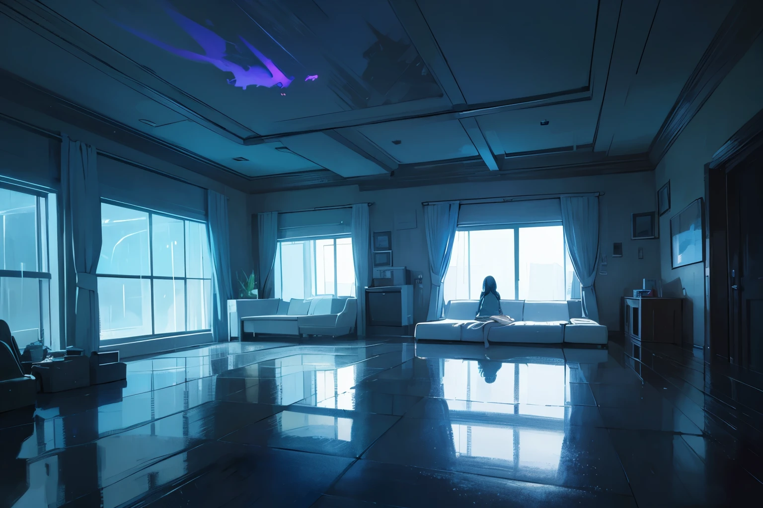 for sleeping、Night Scenery、woman、Casual clothing、Rain outside the window、The room is dark、Neon Landscape、Inside the house、Calm、(masterpiece), (Highest quality), (Very detailed), (Best illustrations), (Best Shadow), (Absurd)