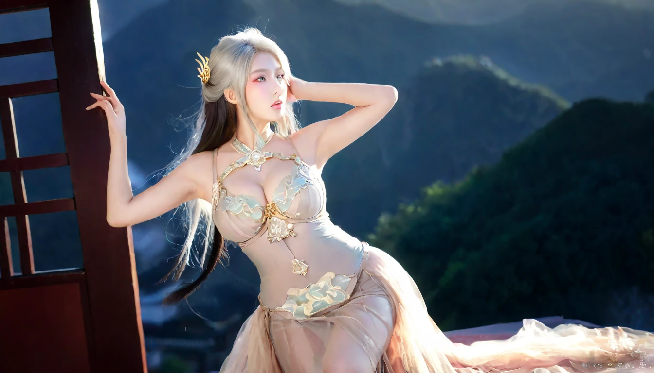 high quality,HD,16K,Sharp Line,1 Girl,fantasy, (Fire Spirits),Pretty Face, Large Breasts, Beautiful legs,In the mountains,Focus Girl,detailed Pretty Face,Detailed clothes,beautiful eyes,Cool,Sexy,Dynamic Angle,穿着华服的神明Strike a pose拍照, Ancient mysterious sexy goddess, Traditional beauty woman, Beautiful female warrior god of war , Beautiful sexy goddess, Gorgeous role-playing, high, Beautiful young girl, Beautiful woman, 华丽Beautiful woman, Complex clothing,Chinese Mystical Aesthetics, Beautiful Asian ancient mysterious girl, Extremely detailed shot of the goddess, Jaw-dropping sexy beauty, Big breasts deep neckline sexy belly button(butt), (bedroom), (Sexy Girls), masterpiece, best quality, Bangs, blush, Chest, clavicle, Eyebrows visible through hair, (Gradient red and gold hair), Jewelry, Long hair,Bright Eyes, ring, (solitary), illustration, fashionable, miss, Strike a pose, background, element, confident, Express, Accessories, majestic, striking, key point, Dynamic poses, ((plump)), (black))Woman in transparent dress,Viewer,(((Full breasts, Keeley University))),Slim waist,(Navel exposed,Bare waist), Long hair, extreme detailed details, 详细的fantasy艺术, Stunning character art, Beautiful and exquisite character art, Beautiful transparent dress, Very detailed, Large Breasts,Chest,Golden ratio figure,Beautiful figure,Ultra wide-angle shooting,Full body shot拍摄,Body close-up,Full body shot,Wearing a pleated tulle skirt,柔和动漫illustration, 柔和的深色background,Fujifilm XT3 Clear focus, f 5.6, High Detail, Clear focus,(Wearing openwork clothing),, (Natural light), (Tempting)translucent, Good velvet quality, Compared, Divine Light,, Silver hair, 天空background, Absolute Strength,Female Shinmei,穿着性感丝绸的Female Shinmei,,Large Breasts,Chest,Golden ratio figure,Beautiful figure,Ultra wide-angle shooting,Full body shot,Body close-up,Full body shot, Wearing a tulle dress, Model shooting style, Large Breasts,饱满Chest,Golden ratio figure,Beautiful figure,(Extremely detailed CG 8k wallpaper unit), The most beautiful artistic photos in the world, , 8K 超HD, ) on the beach,Sexy lazy posture,Sexy seductive expression,best quality,masterpiece,Ultra-high resolution,(Practical:1.4),original photo,Ultra-high resolution