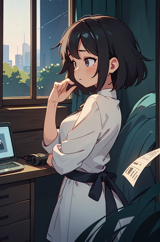 A 25-year-old woman listening to music through headphones, In a quiet and relaxing environment, Short black hair, View from behind, Gazing at the horizon, night、Through the window, nightには大きい七色の音符, Characters with detailed faces, hands and hair, Highly detailed characters and environments, The image clarity is very high.