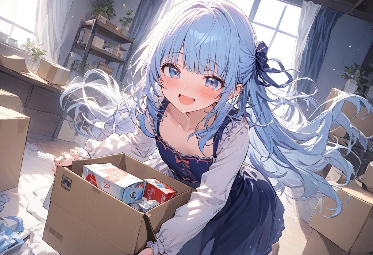 masterpiece, best quality, extremely detailed, (illustration, official art:1.1), 1 girl ,(((( light blue long hair)))), ,(((( light blue long hair)))),light blue hair, , long hair ((blush)) , cute face, masterpiece, best quality,(((((a very delicate and beautiful girl))))),Amazing,beautiful detailed eyes,blunt bangs((((little delicate girl)))),(((tareme))),droopy eyes.(true beautiful:1.2), sense of depth,dynamic angle,,,, affectionate smile, (true beautiful:1.2),,(tiny 1girl model:1.2),)(flat chest),bend at the waist、Movers、Trying to lift a cardboard box off the floor、Pink haired woman、blue eyes,moving,room,tidying up,cardboard, As (she carries the carton 3 box:1.3), she looks excited about living in her new room.
smile girl