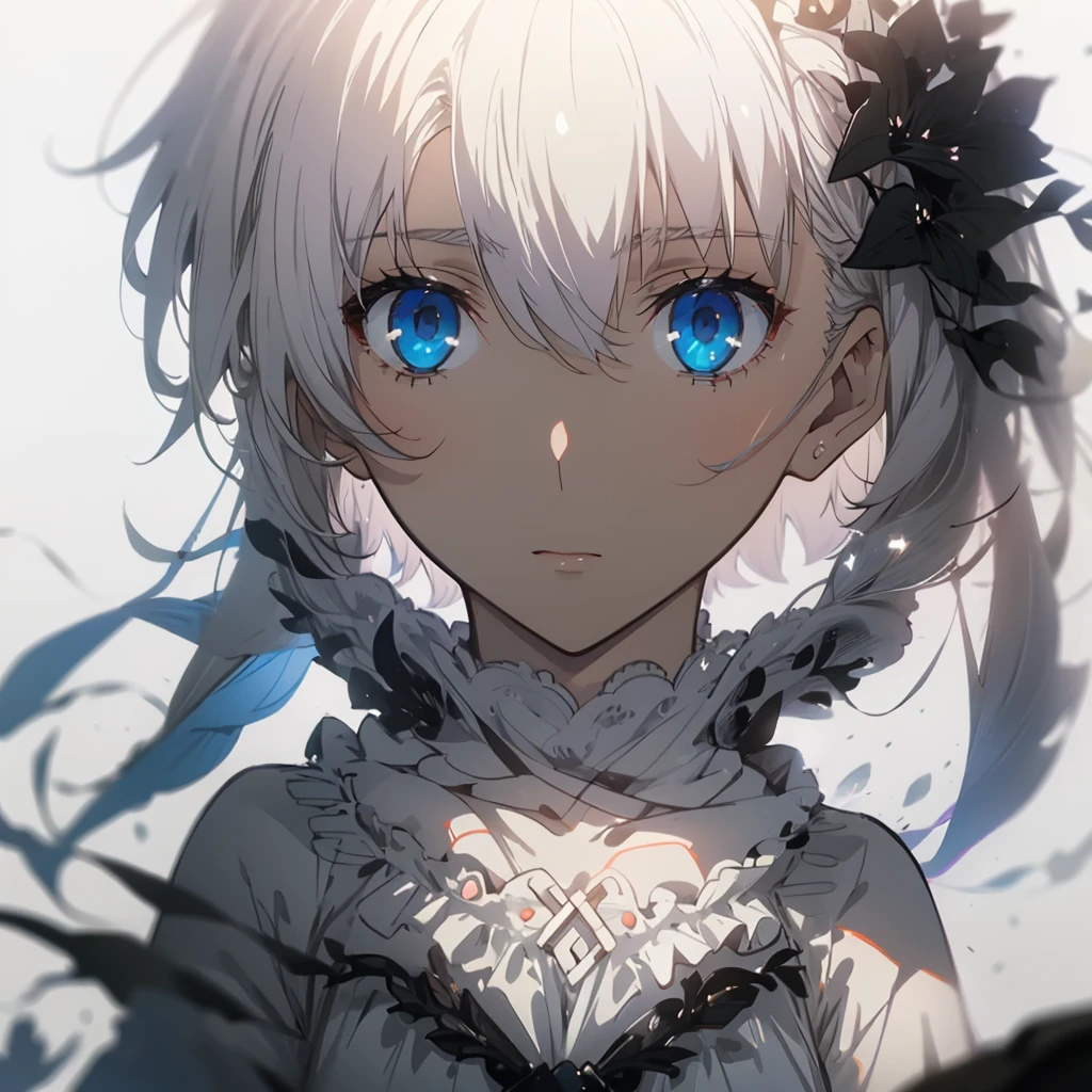 ((masterpiece, best quality)), Pure white background,Delicate face,JK style,Handsome short hair,((Half of her hair is white,The other half is black,Available in two colors)),beautiful eyes,Fantasy style,Extremely beautiful,Transparent underwear,Lace,Pantyhose