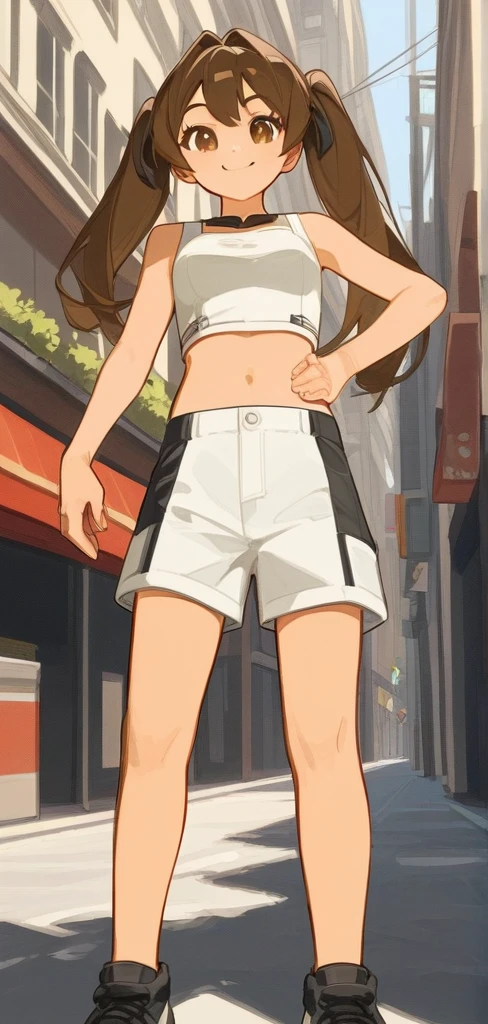score_9, score_8_up, source_anime, masterpiece, best quality, BREAK 1girl, hand on hip, crop top, shorts, brown hair, twintails, brown eyes, smile, street, rating_safe