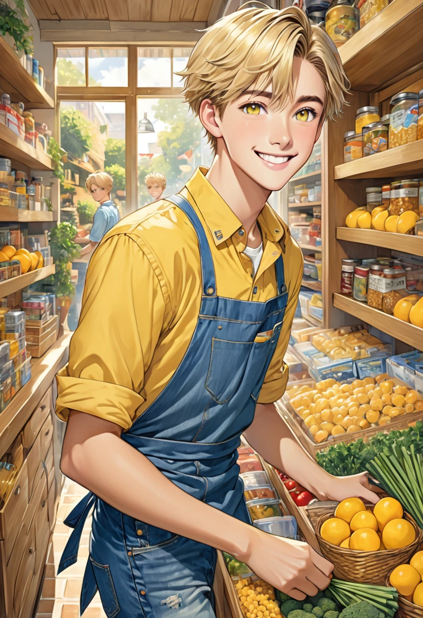 illustration, detailed illustration, ultra detailed, dynamic angle, 1boy, 18 year old boy, short blonde hair, wide hazel eyes, smile, pretty, conenience store, jeans, yellow shirt, apron
