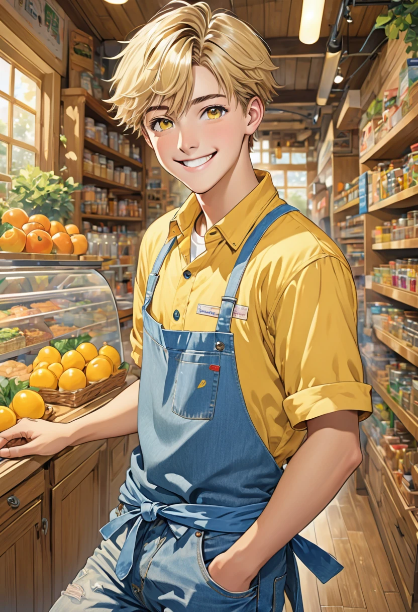 illustration, detailed illustration, ultra detailed, dynamic angle, 1boy, 18 year old boy, short blonde hair, wide hazel eyes, smile, pretty, conenience store, jeans, yellow shirt, apron
