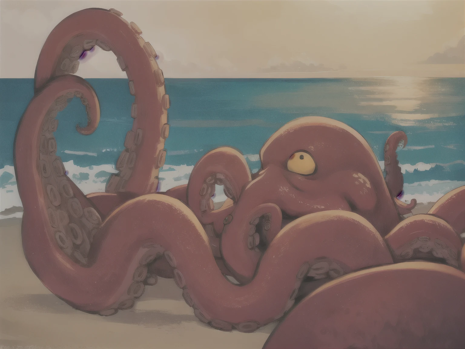 Octopus, kraken, thick tentacles, macro, masterpiece, best quality, red eyes, full body, vore, eating humans, beach, attacking boat