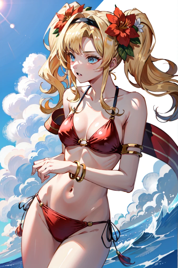 Masterpiece, ultra resolution, best quality,4k, ultra-detailed, zetasummer , hair intakes, twintails , hair flower, red bikini, o-ring , shawl, side-tie bikini bottom, jewelry, bracelet, cleavage, large breasts