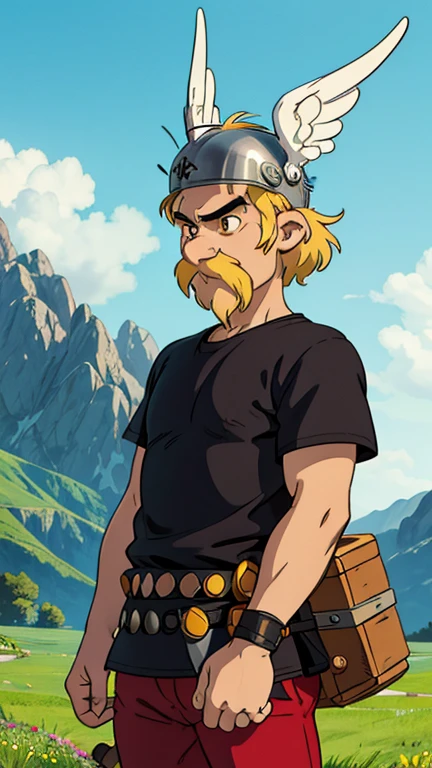 (1man, Asterix, blonde hair, black top, GarkEst, viking helmet with wings, facial hair, mustache, red pant), (extremely detailed CG unit 8k wallpaper),(master part), (best quality), (ultra detali), (best illustration),(melhor ombre), cowboy shot, (Sharp eyeliner, ombre, detailed eyes:1), mountains in the background, ranch land, ,break , (ghibli style), upper body