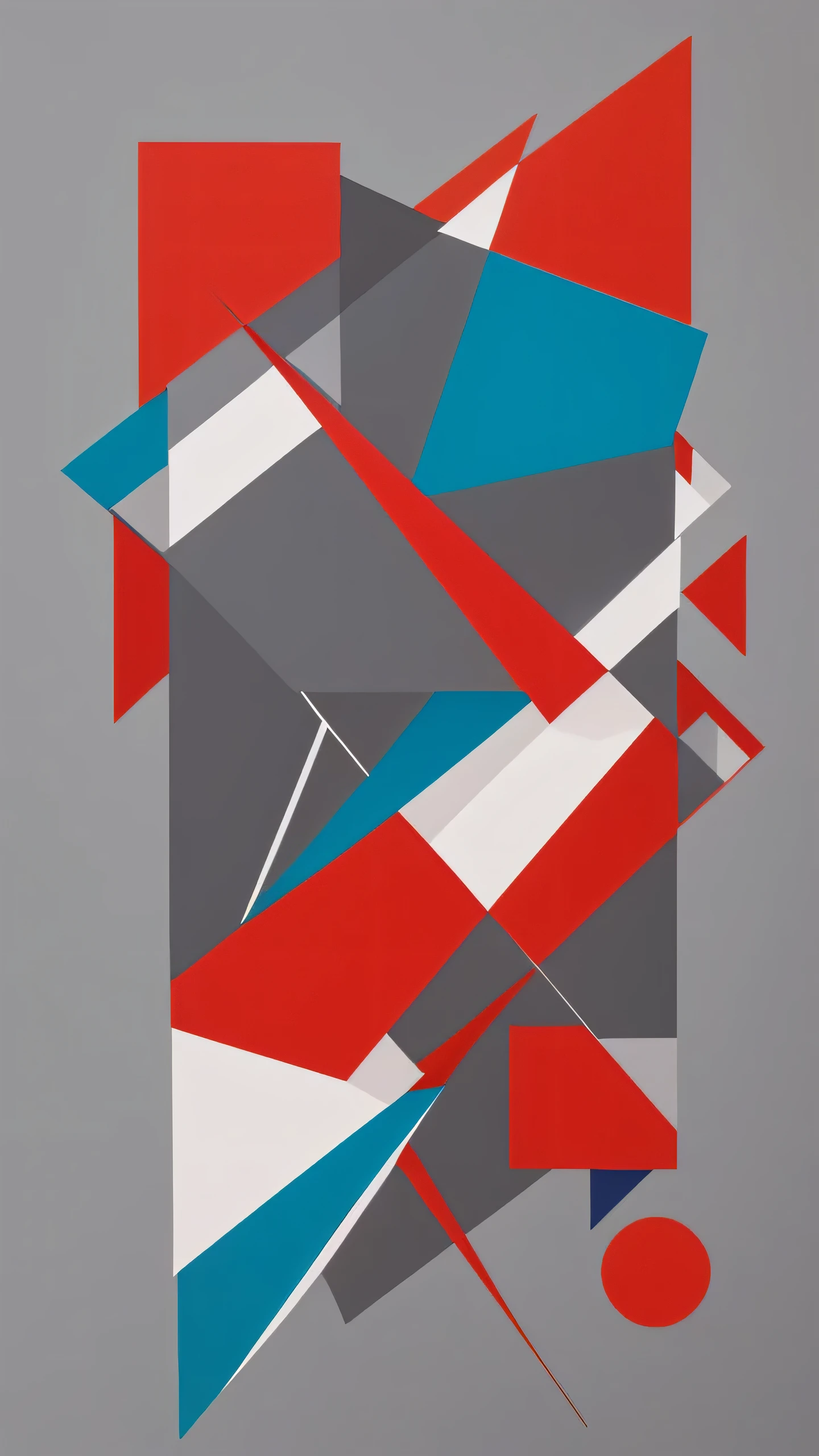 Abstract painting with vibrant colors and geometric shapes. (((Gray background))). It features a mix of red and white, White and blue colors. The composition includes a diamond shape at the top, Small triangles and squares. Some have circles and lines intertwined with the shapes..