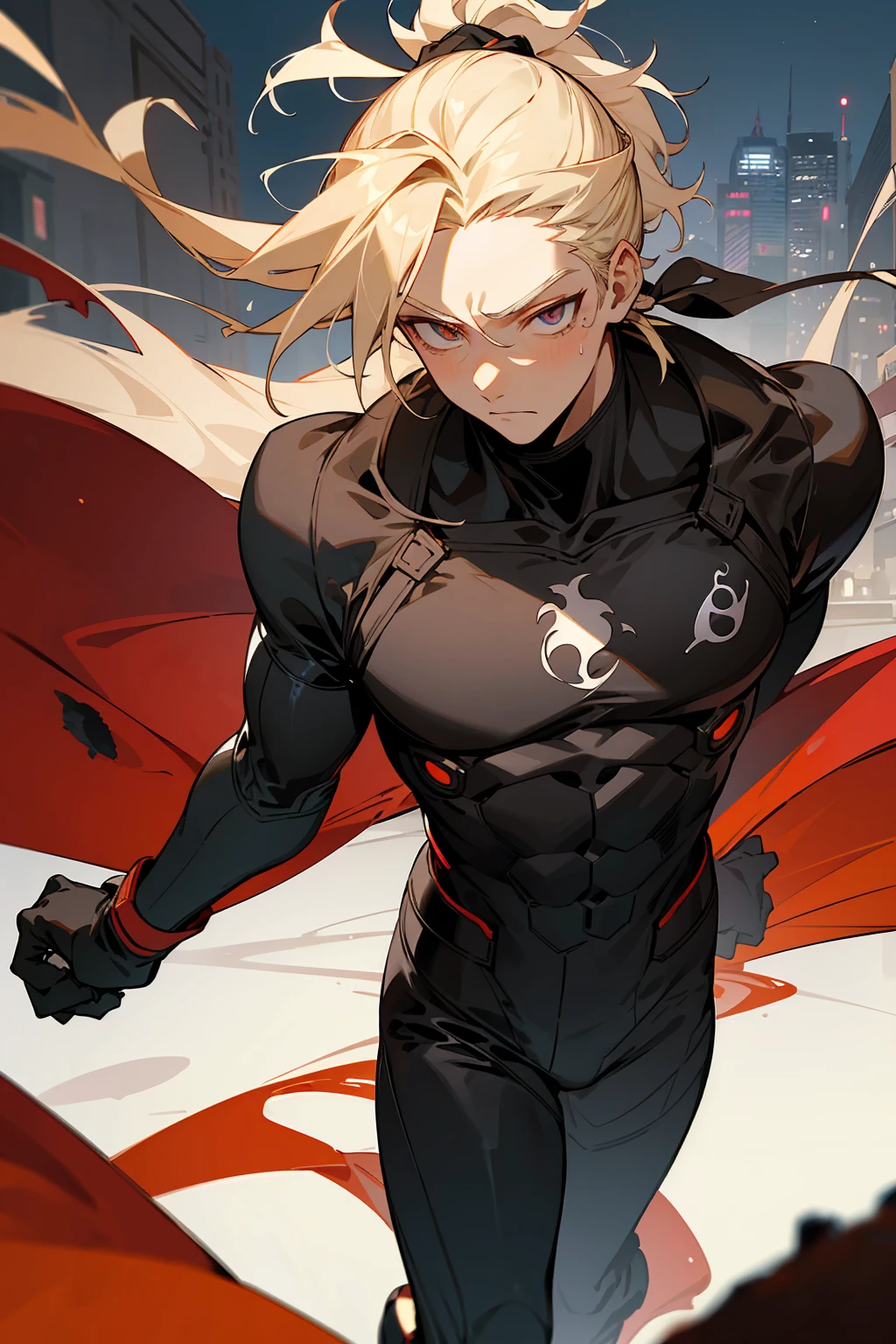1male, teenager, faded blonde hair, ponytail, man bun, messy hair, crimson eyes, calm expression, black bodysuit, white joggers, white jordans, dark skin, standing on path, hands to side, city background, detailed background, detailed face