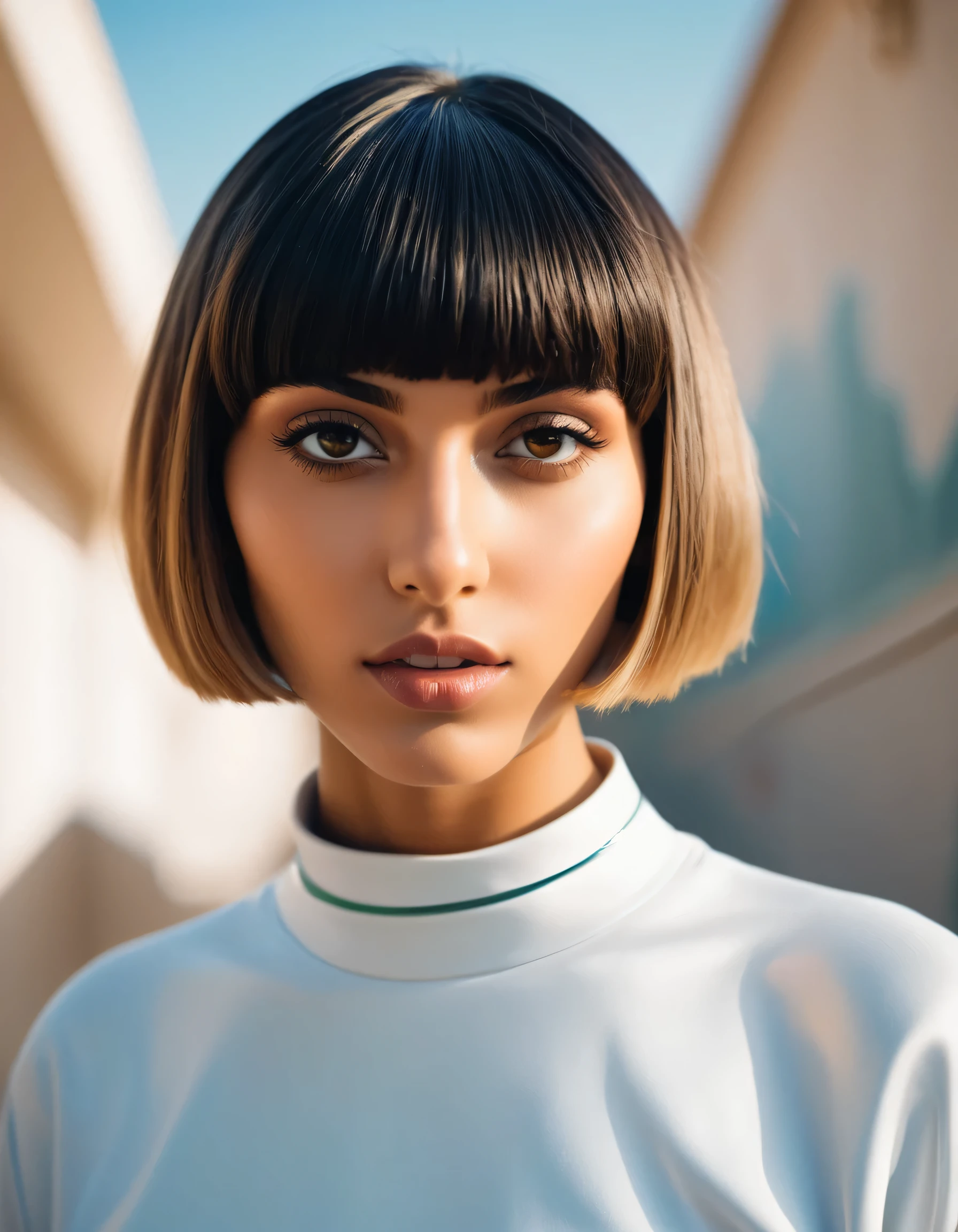 photograph, Foul Futuristic arabic Female Tanner, Visionary hair, Bowl cut hairstyle, near School, soft focus, from below, Ultrarealistic, Normcore Art, film grain, Nikon Z9, F/8, four colors, [art by Léon Bakst, (art by Jarek Kubicki:0.7) :3], 