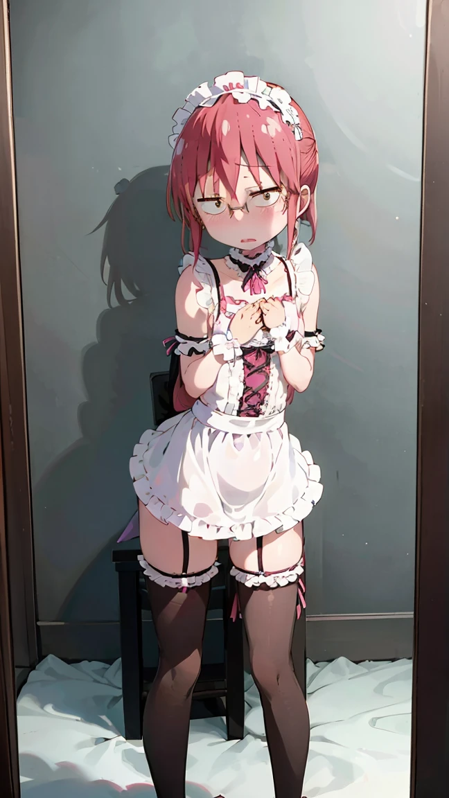 Kobayashi, (Bust size very very small.)),  (flat chest:1.2), Posing embarrassed, Sexy Maid Dress