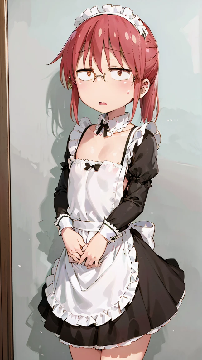 Kobayashi, (Bust size very very small.)),  (flat chest:1.2), Posing embarrassed, Sexy Maid Dress