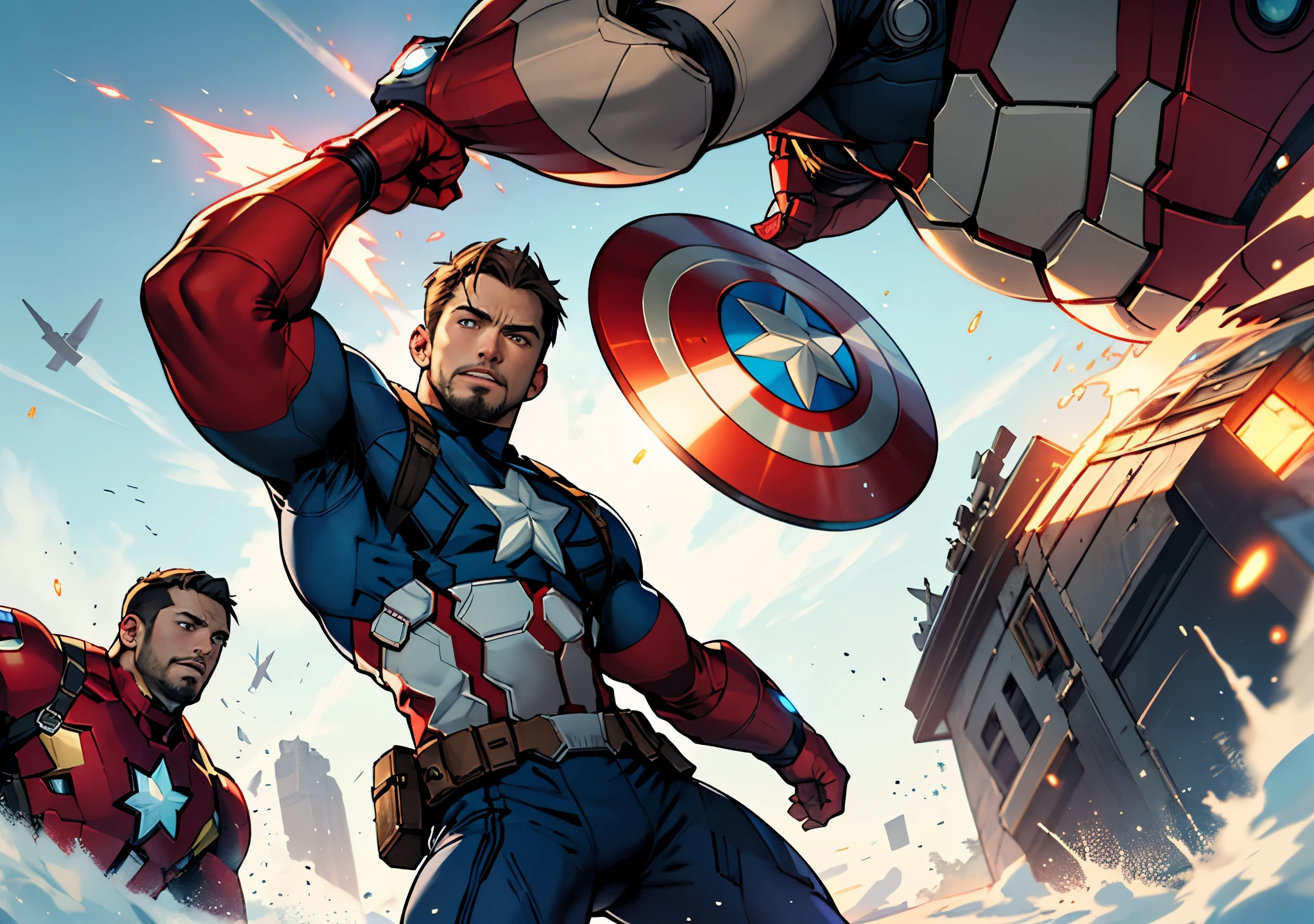 ((best qualityer)), Create a video game cover with marvel characters, being them: captain america and iron man
