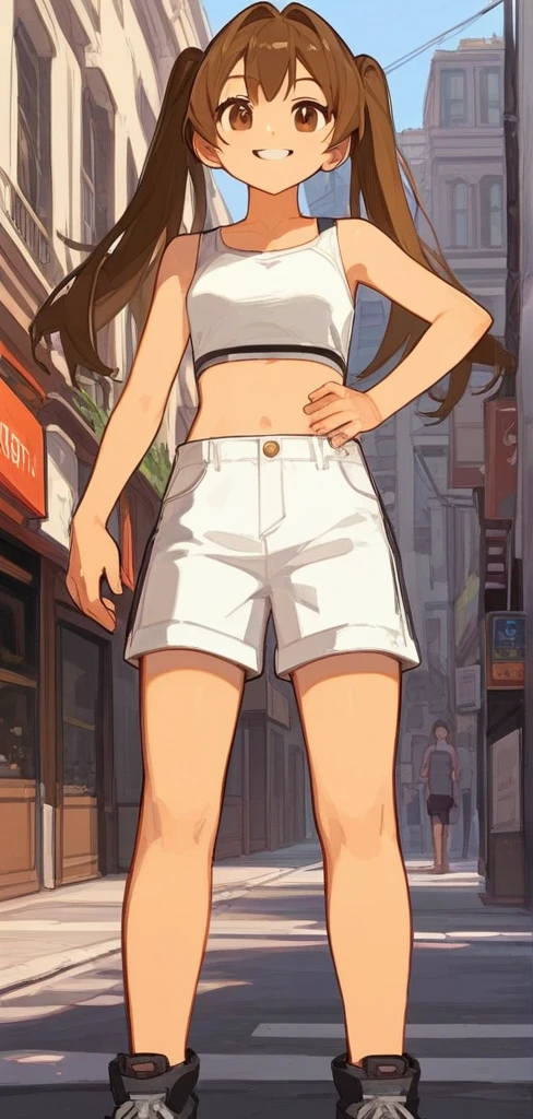 score_9, score_8_up, source_anime, masterpiece, best quality, BREAK 1girl, hand on hip, crop top, shorts, brown hair, twintails, brown eyes, smile, street, rating_safe