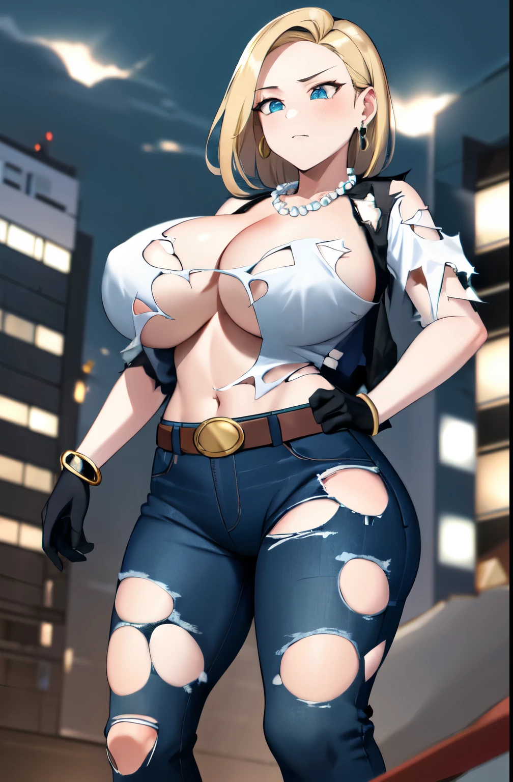 best quality, high definition, and18, 1girl, Android 18, solo, blonde hair, blue eyes, belt, jeans, pearl_necklace, bracelet, black gloves, cleavage, white shirt, short hair, short sleeves, earrings, blue pants, open vest, black vest, huge breasts, wide hips, ass, legs apart, city, (torn clothes: 1.7), erotica, standing, expressionless, giantess