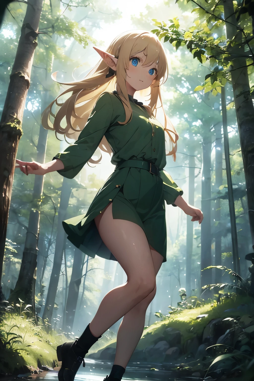 (HD, High Definition, 4k)(full body) a forest elf (floating in the air) long blonde hair, blue eyes and green clothes in a forest.