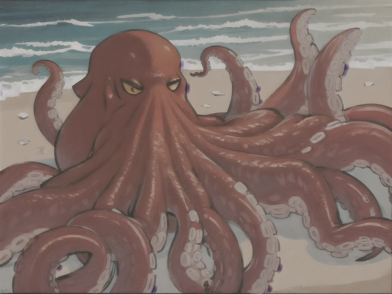 Octopus, kraken, thick tentacles, macro, best quality, full body, vore, eating humans, beach, attacking boat