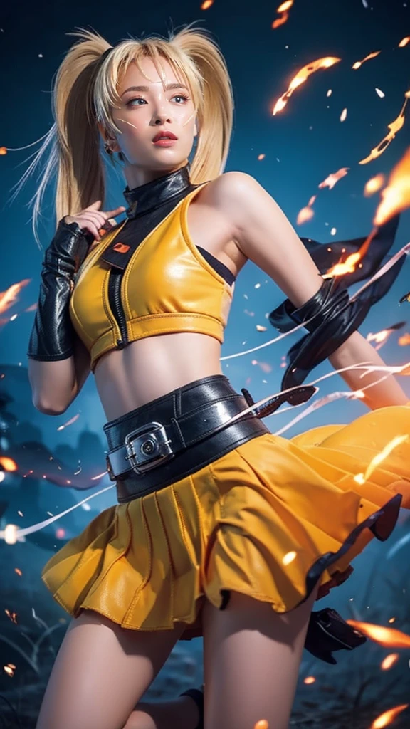 Moisturized skin, (gradient eyes), realistic body, (adult female body), energetic, (16 years old), (girl), crop top,
BREAK,
bright red lipstick, (beautiful navel), (golden hair), beautiful hair, (Naruto Uzumaki's clothes), (twintails), (leather), mini skirt,
BREAK,
((masterpiece + highest quality + high resolution + highly detailed)), (full body: 1.2), symmetrical, one shot,
BREAK,
(electric shock), (wind blows), (blue electricity), (battle stance: 1.4),
BREAK,
assassination, cut, kunai, fantastical, dynamic,