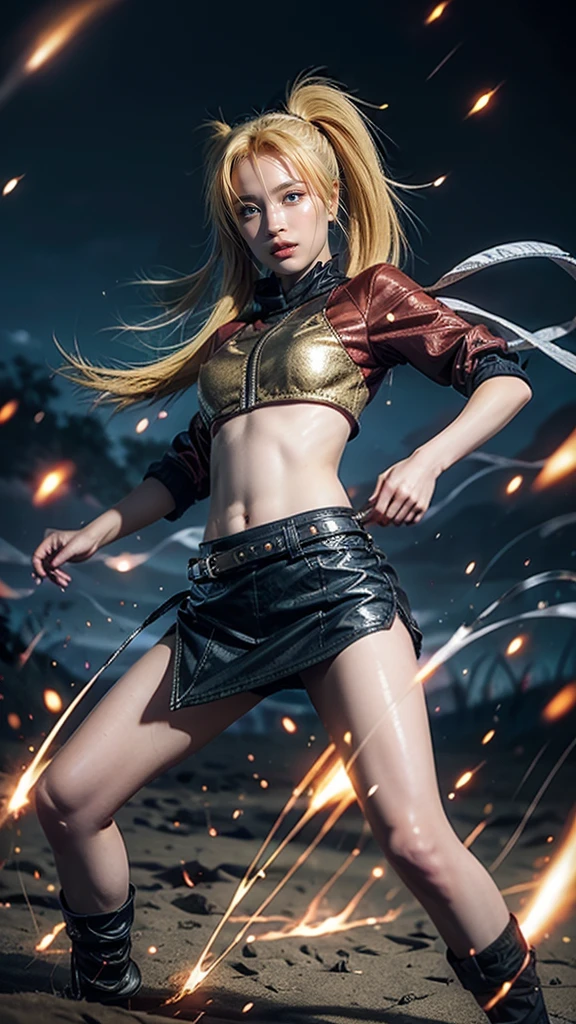 Moisturized skin, (gradient eyes), realistic body, (adult female body), energetic, (), (girl), crop top,
BREAK,
bright red lipstick, (beautiful navel), (golden hair), beautiful hair, (Naruto Uzumaki's clothes), (twintails), (leather), mini skirt,
BREAK,
((masterpiece + highest quality + high resolution + highly detailed)), (full body: 1.2), symmetrical, one shot,
BREAK,
(electric shock), (wind blows), (blue electricity), (battle stance: 1.4),
BREAK,
assassination, cut, kunai, fantastical, dynamic,