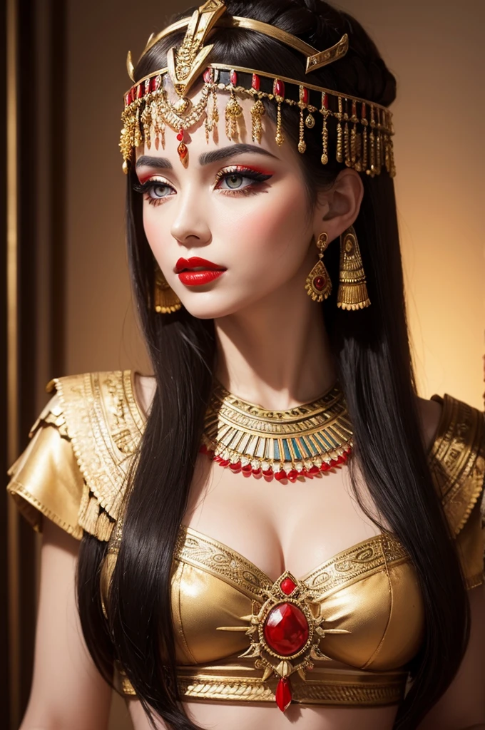 Generate image of ancient queen Cleopatra with her lips painted with red lipstick 
